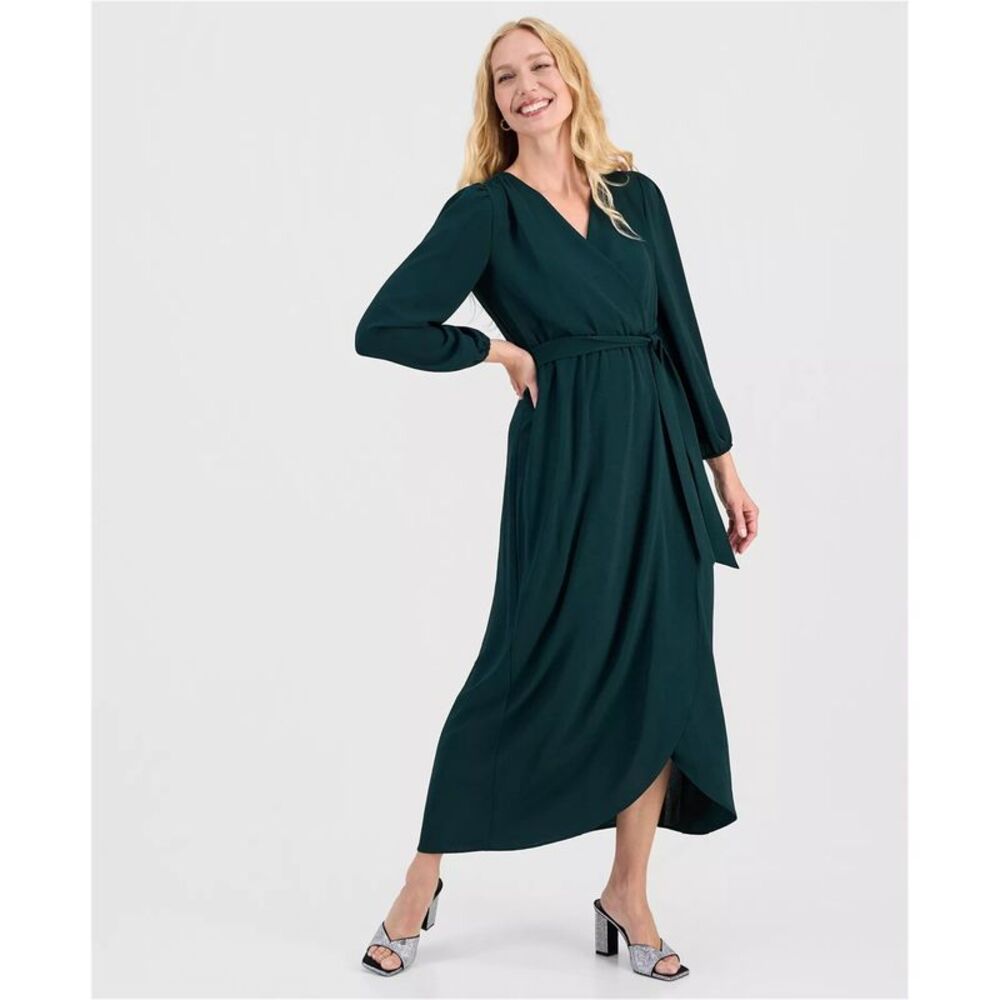 Connected Apparel Womens Belted Faux Wrap Shirt Dress, Green, 8, DM